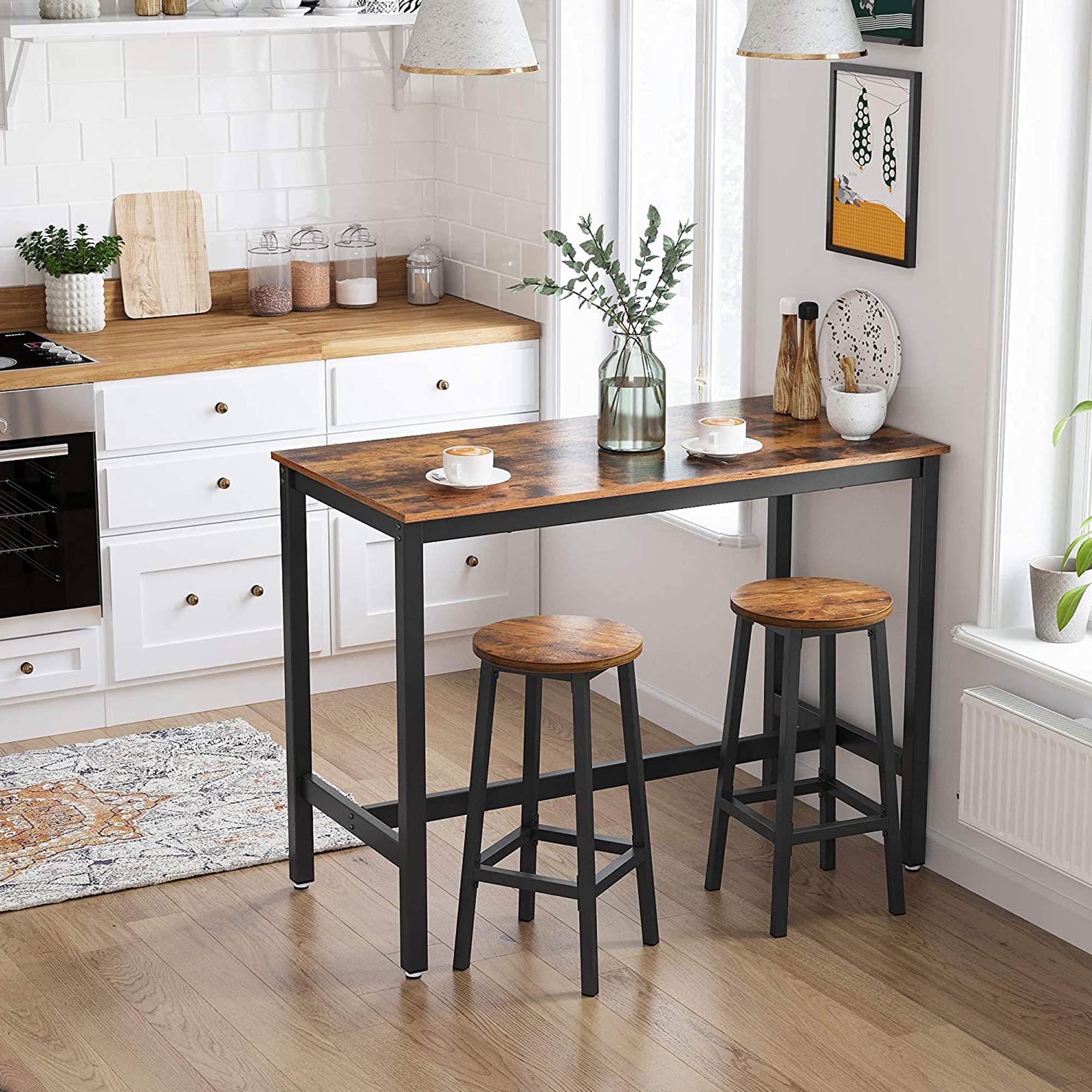 Bar Stools – Metal – Ebony Black and Classic Black – Set of 2 with Footrest and Easy Assembly