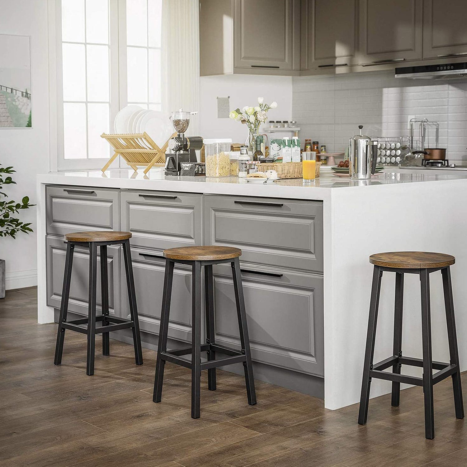 Bar Stools – Metal – Ebony Black and Classic Black – Set of 2 with Footrest and Easy Assembly