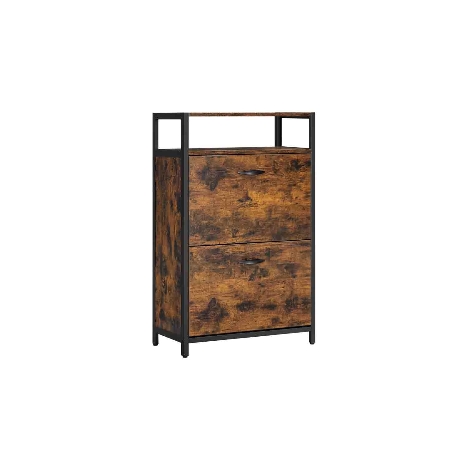Shoe Cabinet – Engineered Wood – Rustic Brown and Black – 3 Flip Doors, Open Compartment for 15-18 Pairs