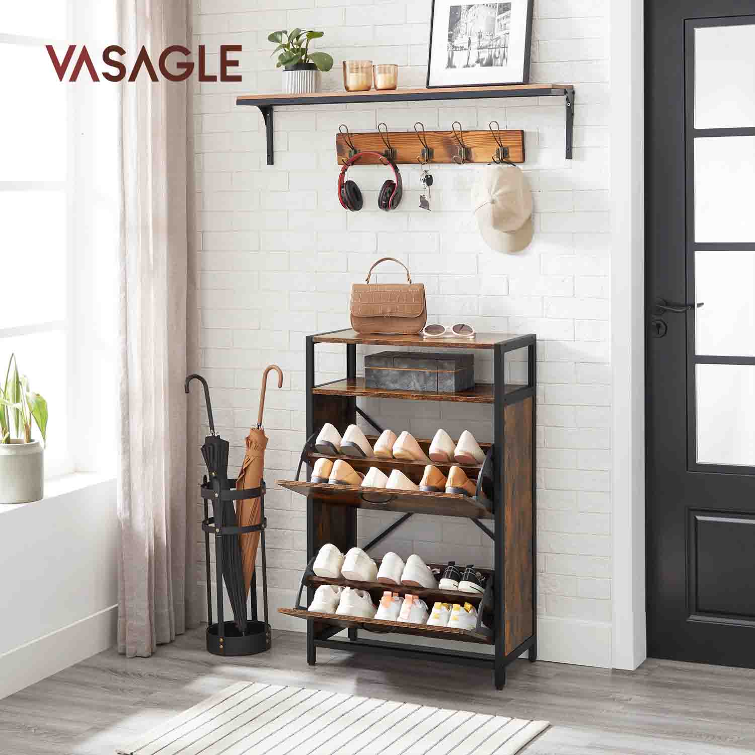 Shoe Cabinet – Engineered Wood – Rustic Brown and Black – 3 Flip Doors, Open Compartment for 15-18 Pairs