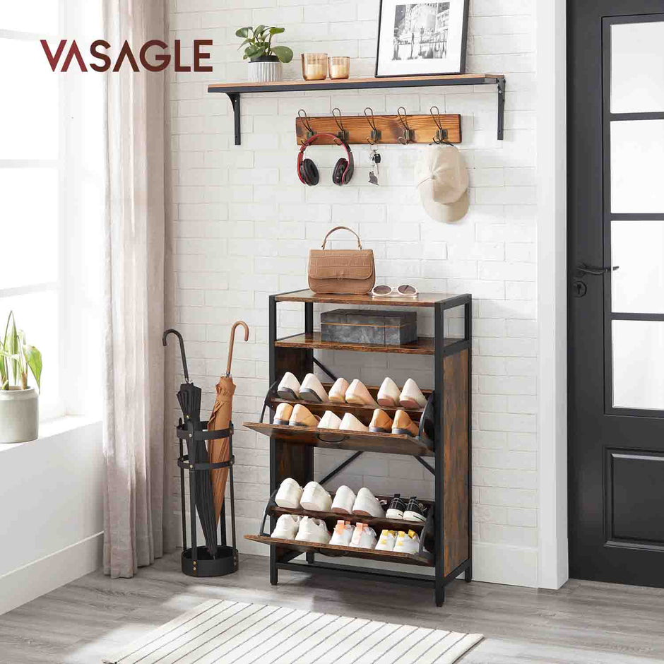 Shoe Cabinet – Engineered Wood – Rustic Brown and Black – 3 Flip Doors, Open Compartment for 15-18 Pairs