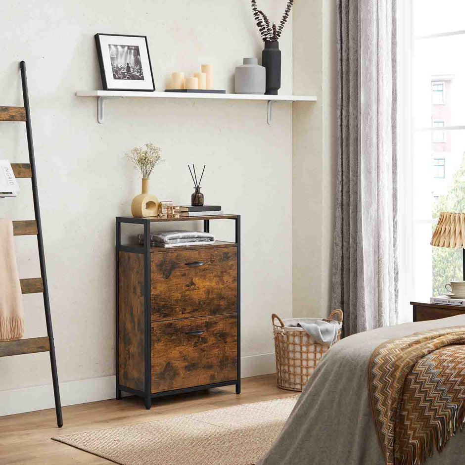 Shoe Cabinet – Engineered Wood – Rustic Brown and Black – 3 Flip Doors, Open Compartment for 15-18 Pairs
