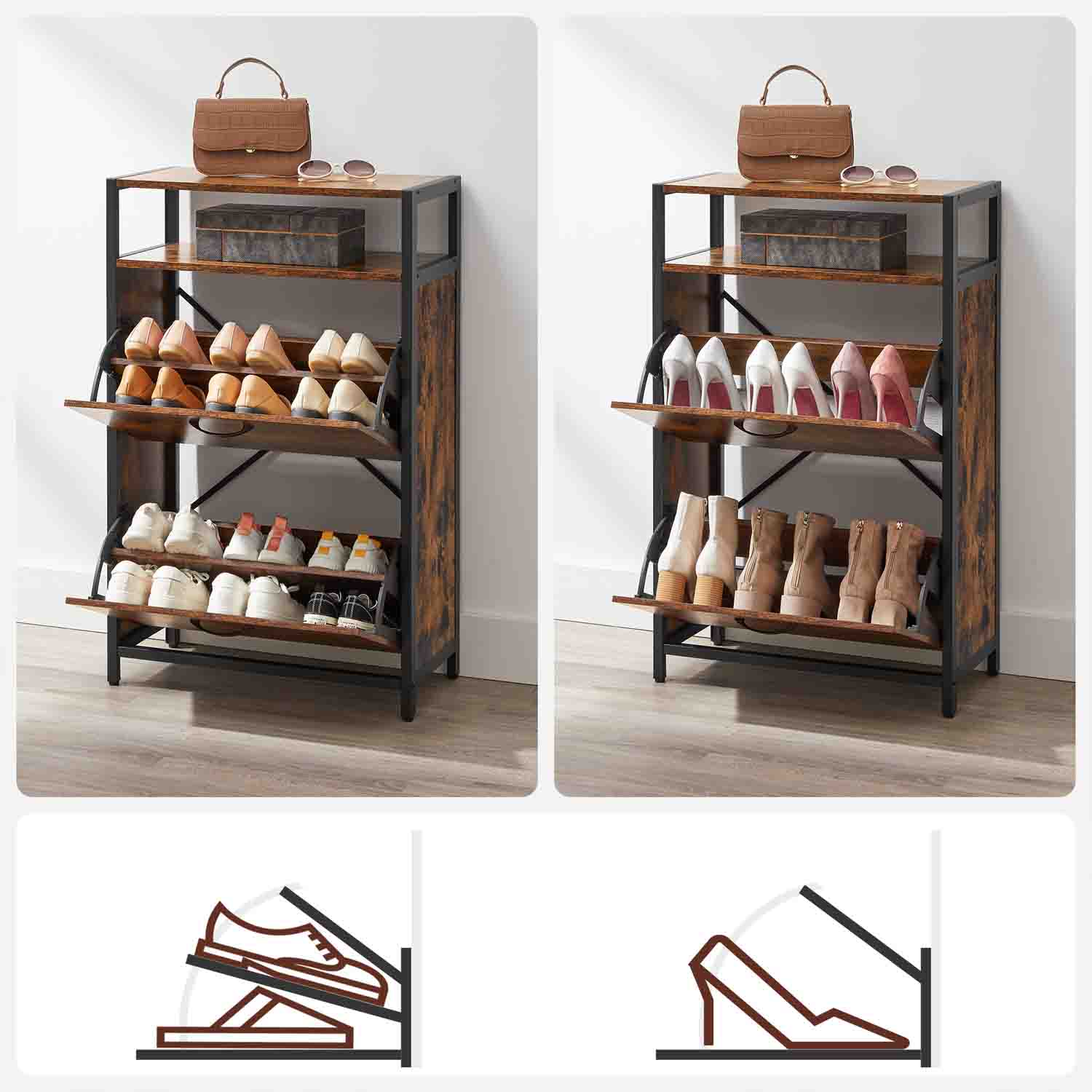 Shoe Cabinet – Engineered Wood – Rustic Brown and Black – 3 Flip Doors, Open Compartment for 15-18 Pairs