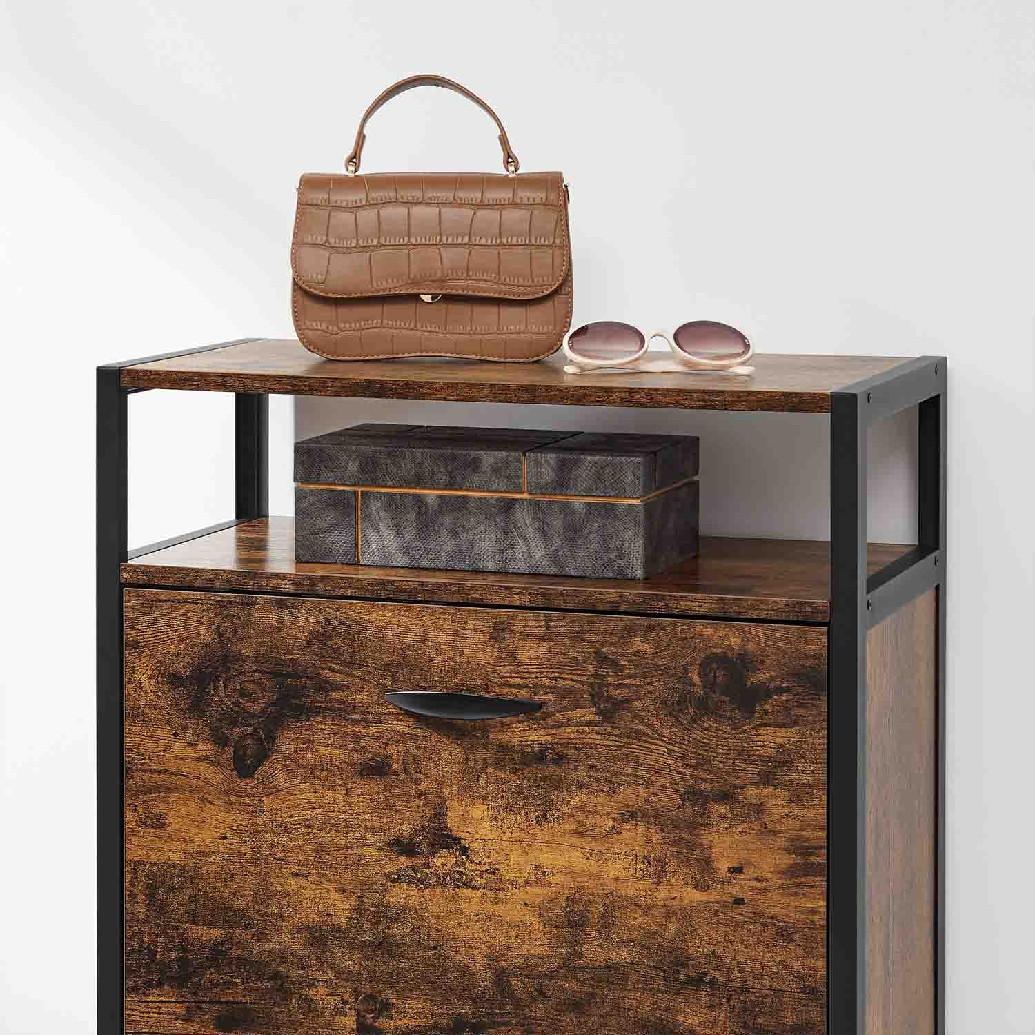 Shoe Cabinet – Engineered Wood – Rustic Brown and Black – 3 Flip Doors, Open Compartment for 15-18 Pairs