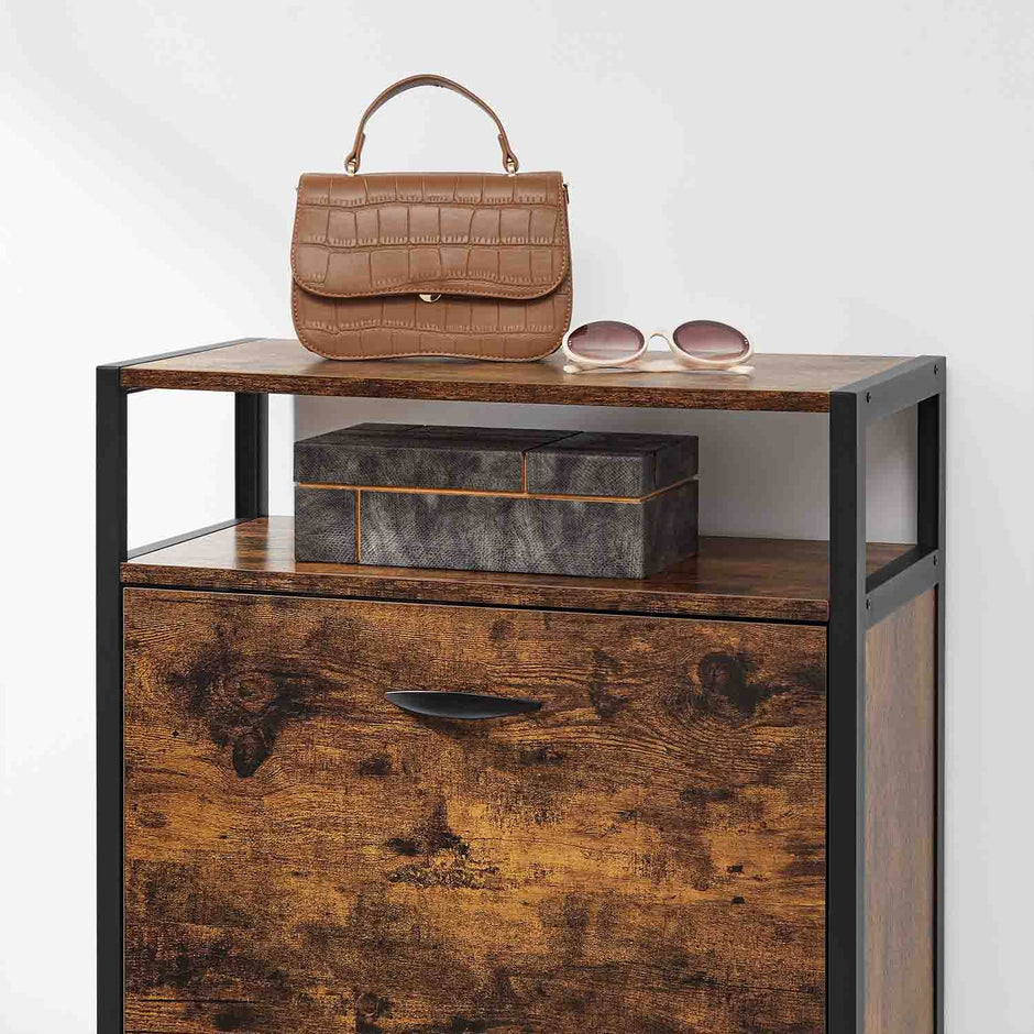 Shoe Cabinet – Engineered Wood – Rustic Brown and Black – 3 Flip Doors, Open Compartment for 15-18 Pairs