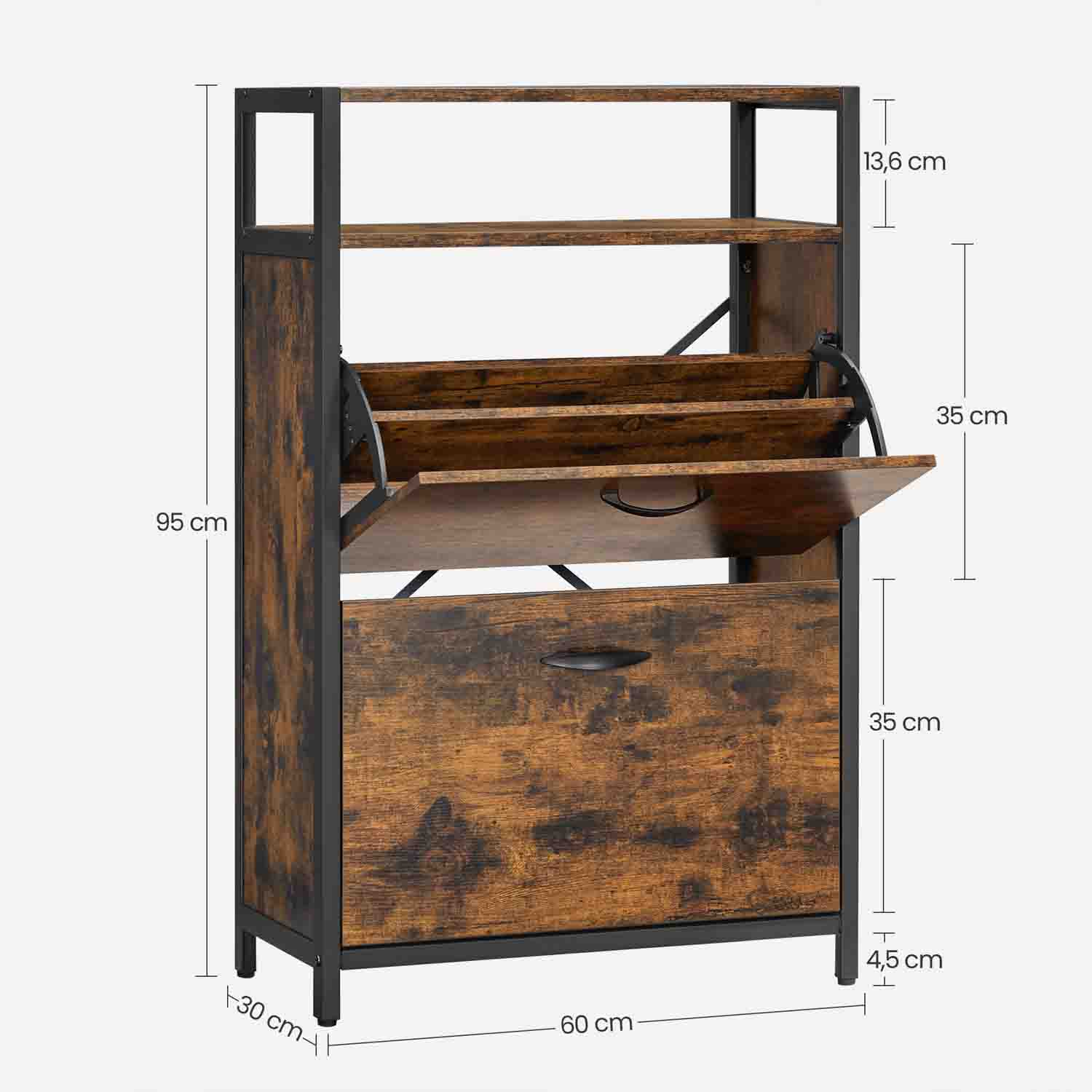 Shoe Cabinet – Engineered Wood – Rustic Brown and Black – 3 Flip Doors, Open Compartment for 15-18 Pairs