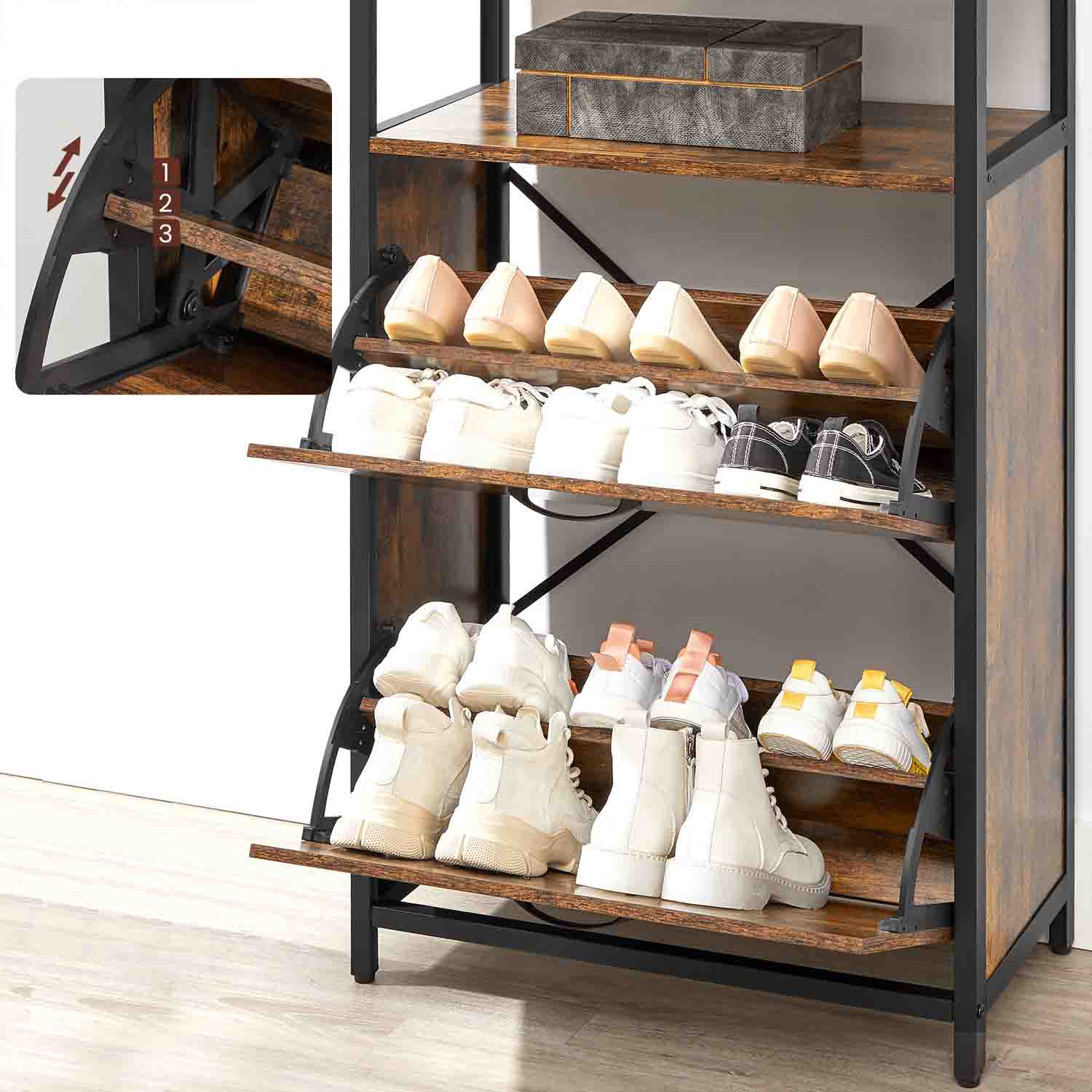 Shoe Cabinet – Engineered Wood – Rustic Brown and Black – 3 Flip Doors, Open Compartment for 15-18 Pairs