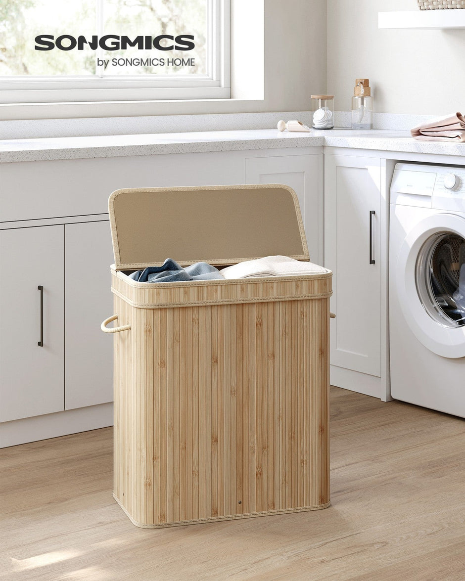 Laundry Hamper – Bamboo – Natural Grey – 100L with Lid and Handles