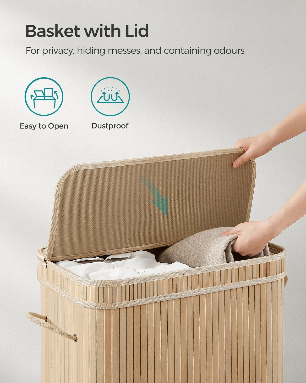 Laundry Hamper – Bamboo – Natural Grey – 100L with Lid and Handles