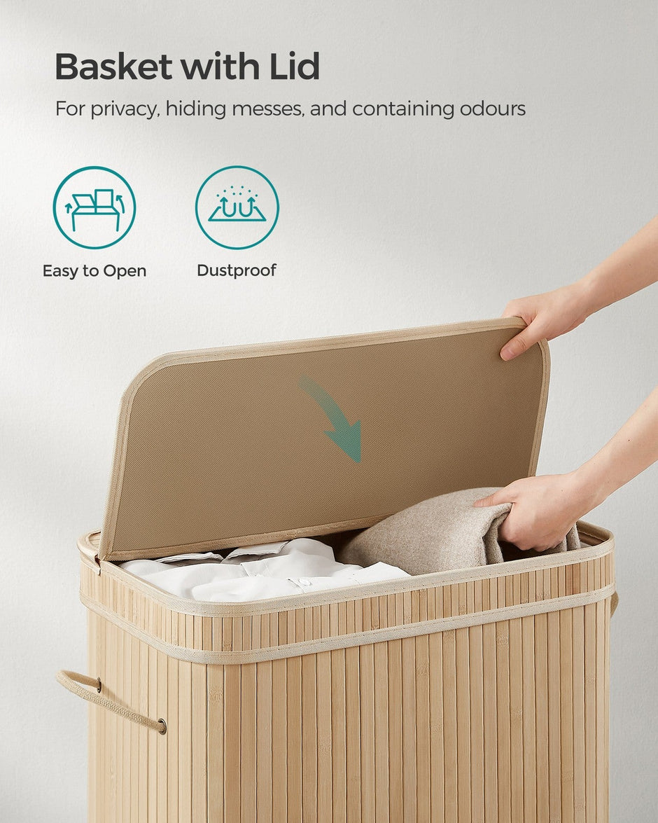 Laundry Hamper – Bamboo – Natural Grey – 100L with Lid and Handles