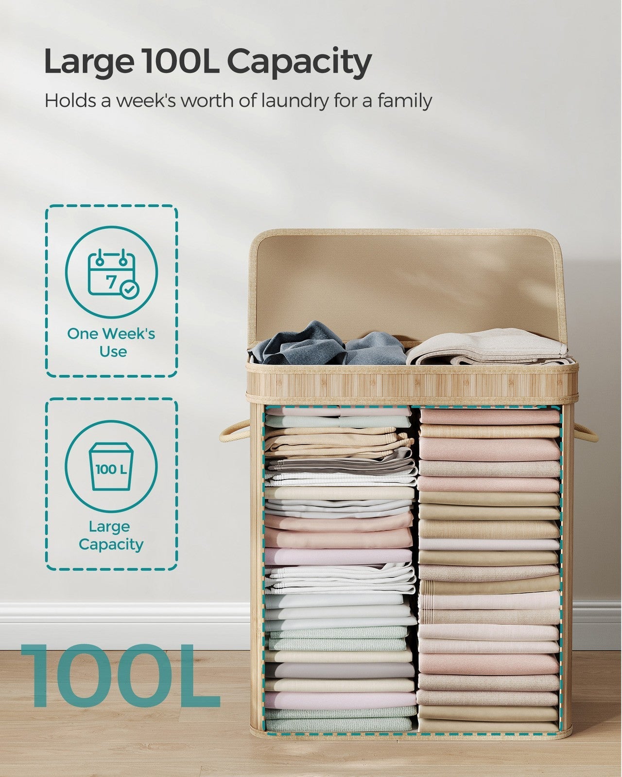 Laundry Hamper – Bamboo – Natural Grey – 100L with Lid and Handles