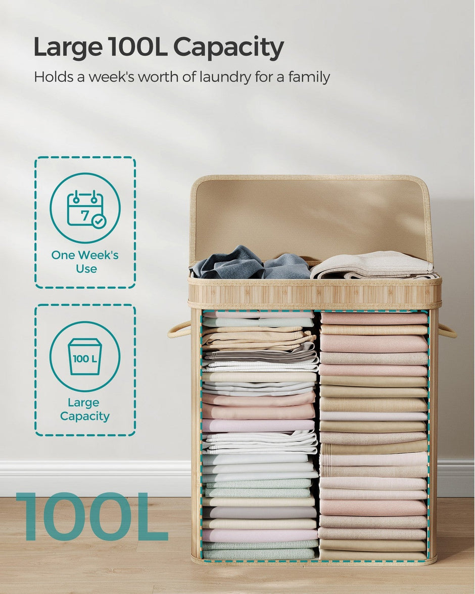Laundry Hamper – Bamboo – Natural Grey – 100L with Lid and Handles