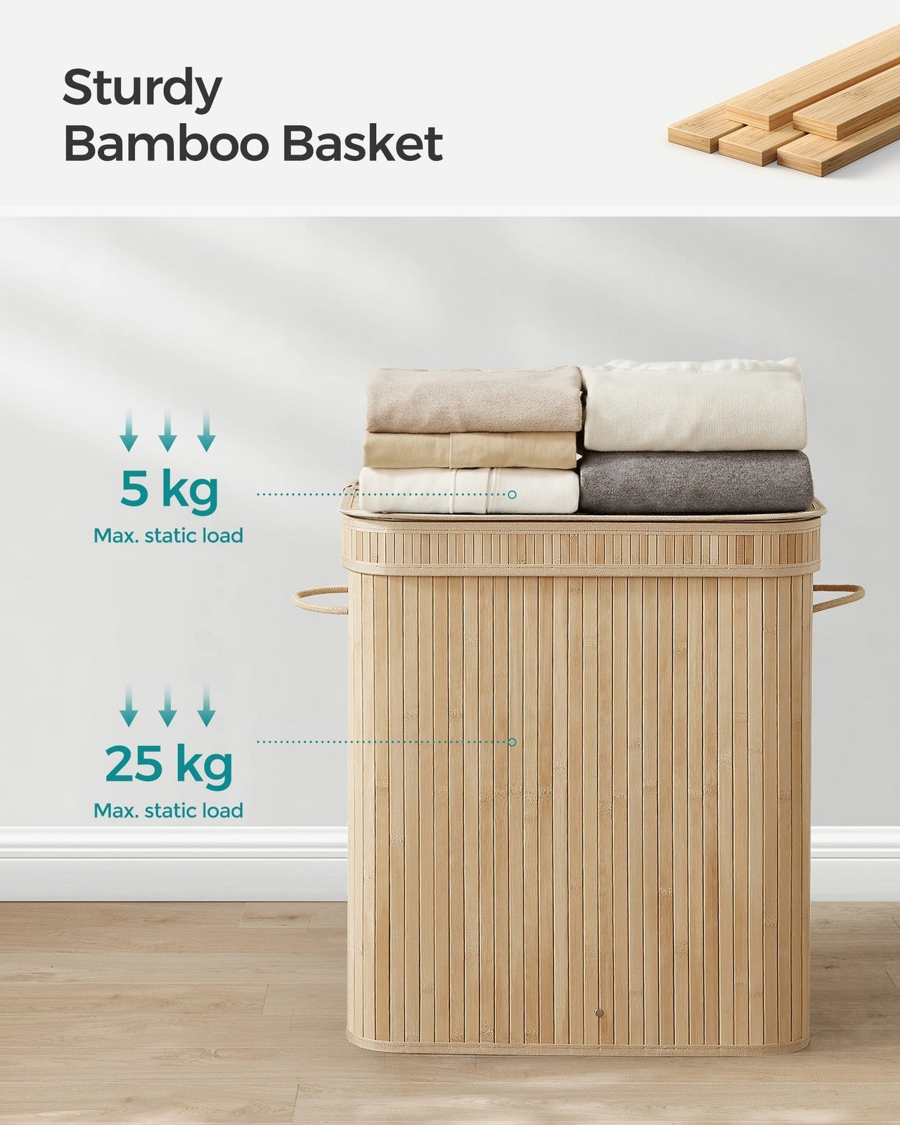 Laundry Hamper – Bamboo – Natural Grey – 100L with Lid and Handles