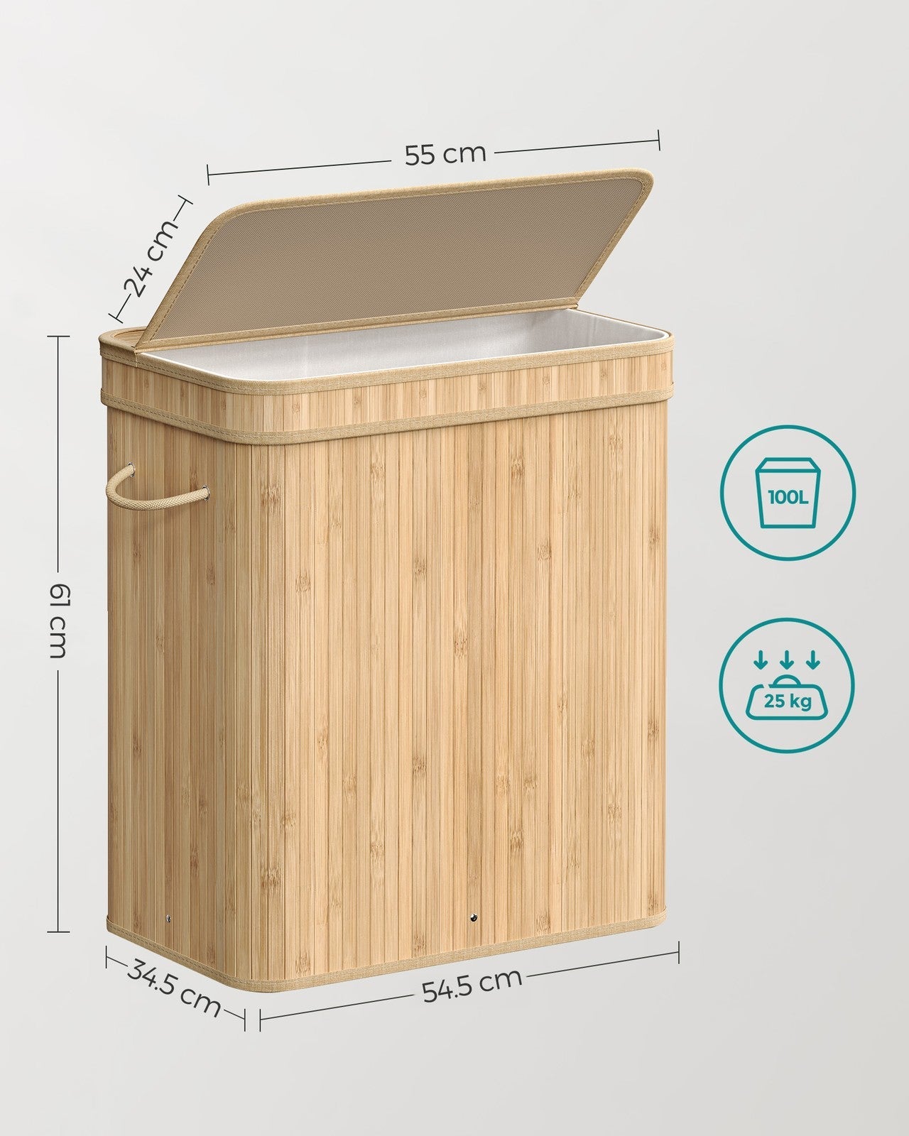 Laundry Hamper – Bamboo – Natural Grey – 100L with Lid and Handles