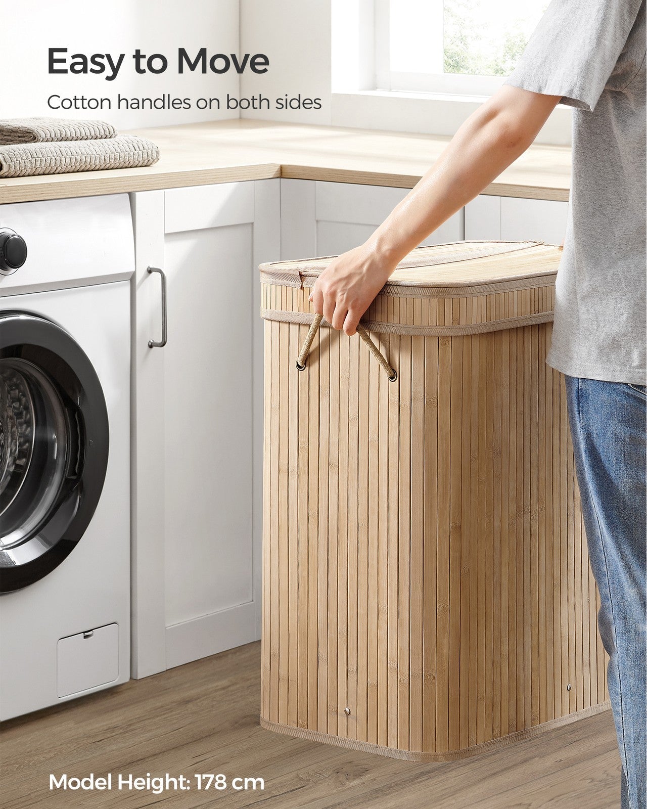 Laundry Hamper – Bamboo – Natural Grey – 100L with Lid and Handles