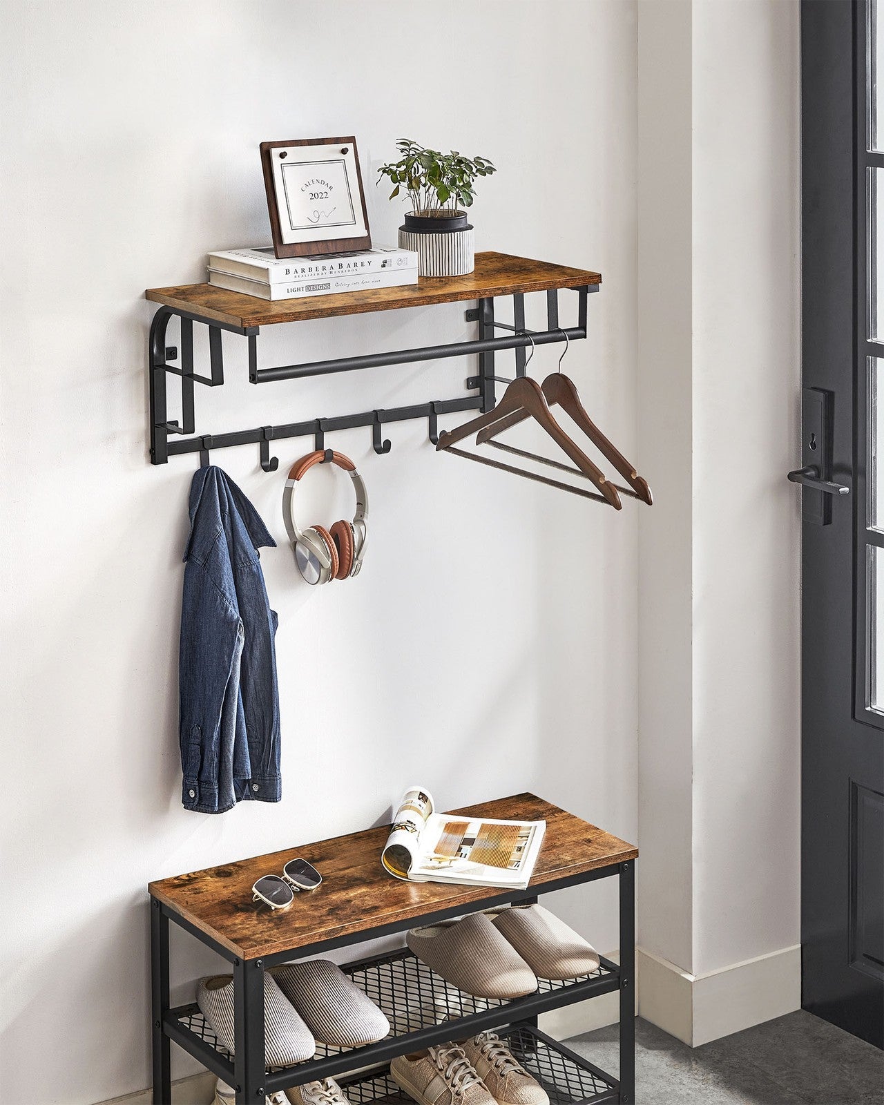 Wall Mounted Coat Rack – Metal and Wood – Vintage – With Storage Shelf and 5 Hooks