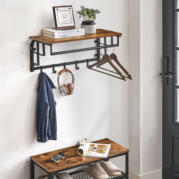 Wall Mounted Coat Rack – Metal and Wood – Vintage – With Storage Shelf and 5 Hooks