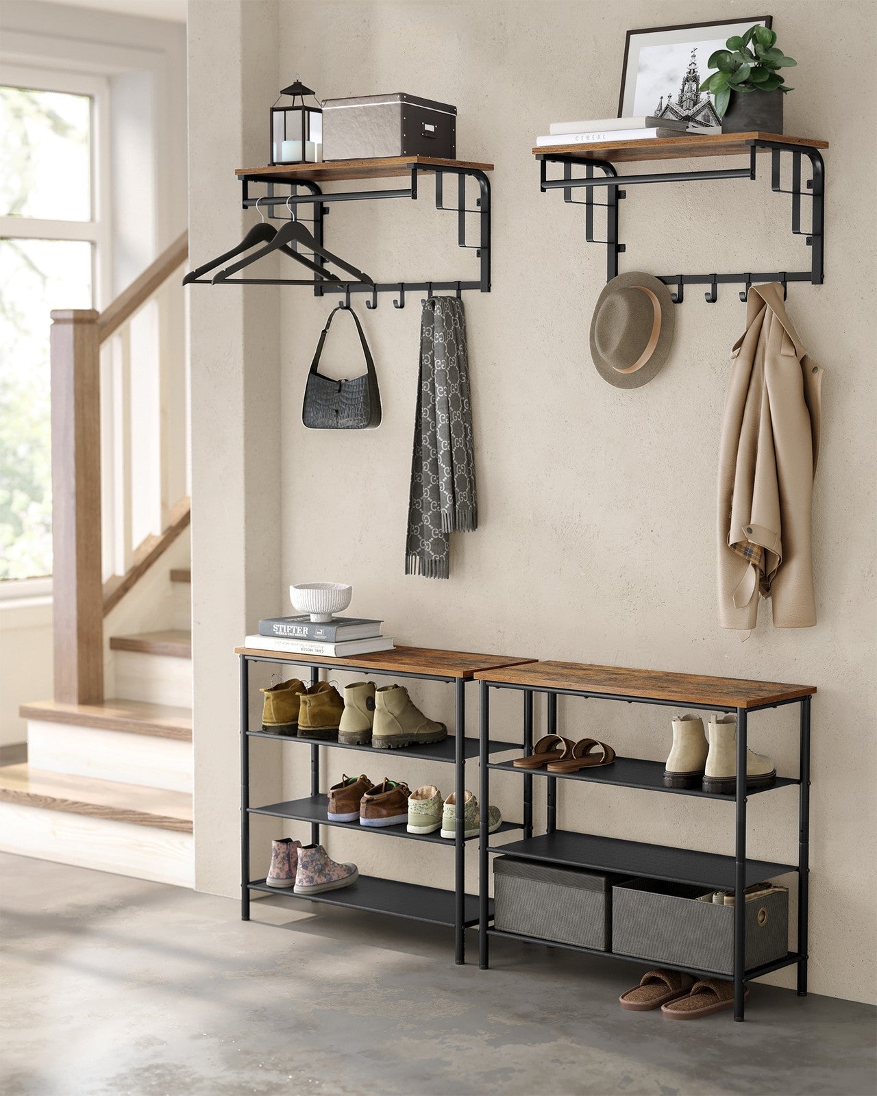 Wall Mounted Coat Rack – Metal and Wood – Vintage – With Storage Shelf and 5 Hooks