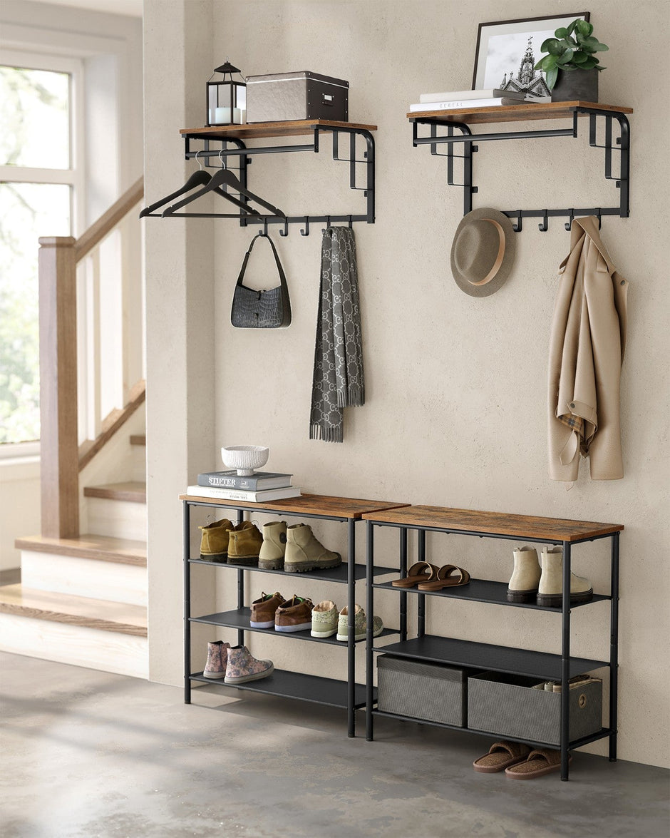 Wall Mounted Coat Rack – Metal and Wood – Vintage – With Storage Shelf and 5 Hooks