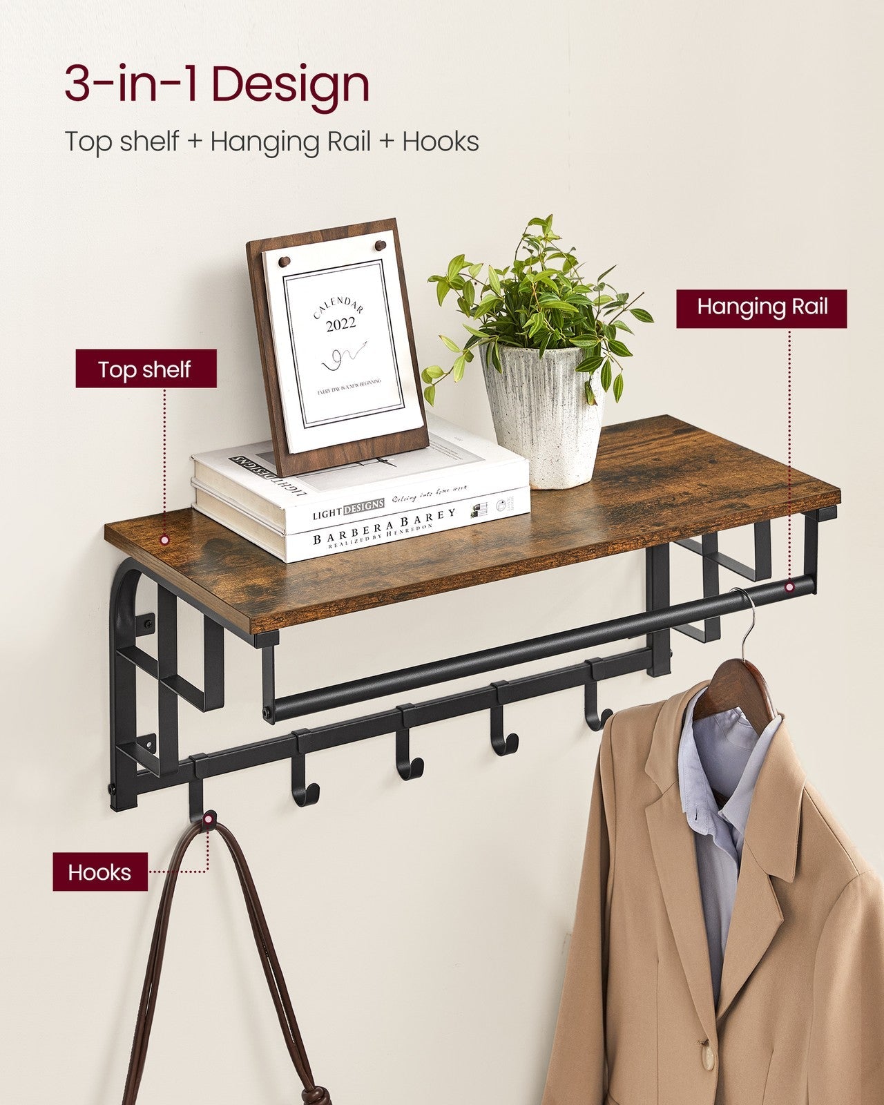 Wall Mounted Coat Rack – Metal and Wood – Vintage – With Storage Shelf and 5 Hooks