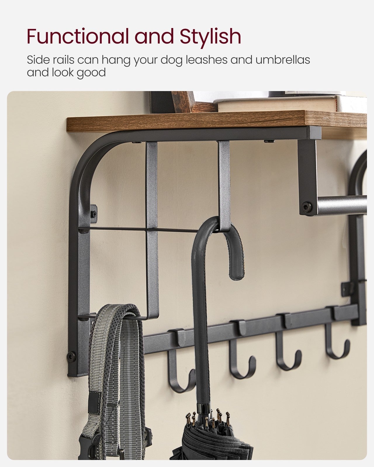 Wall Mounted Coat Rack – Metal and Wood – Vintage – With Storage Shelf and 5 Hooks