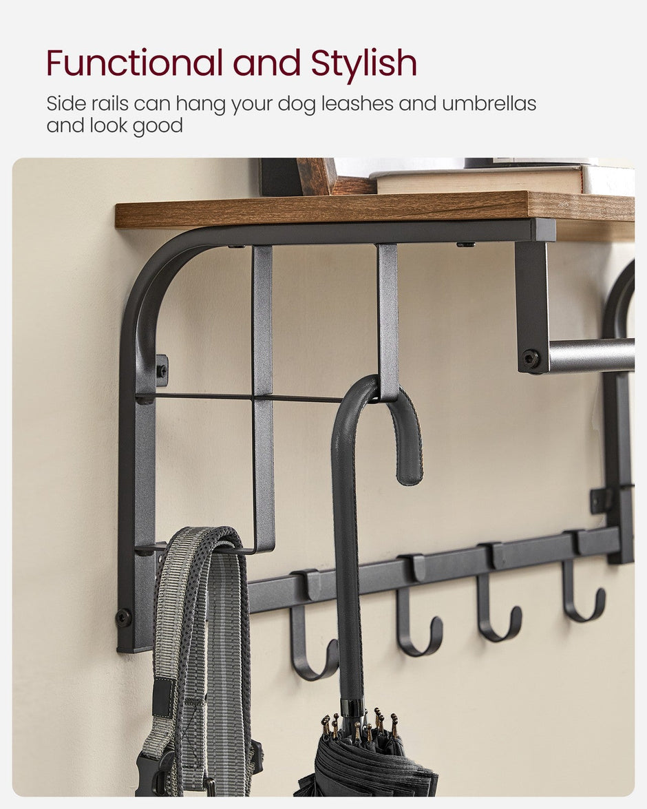 Wall Mounted Coat Rack – Metal and Wood – Vintage – With Storage Shelf and 5 Hooks