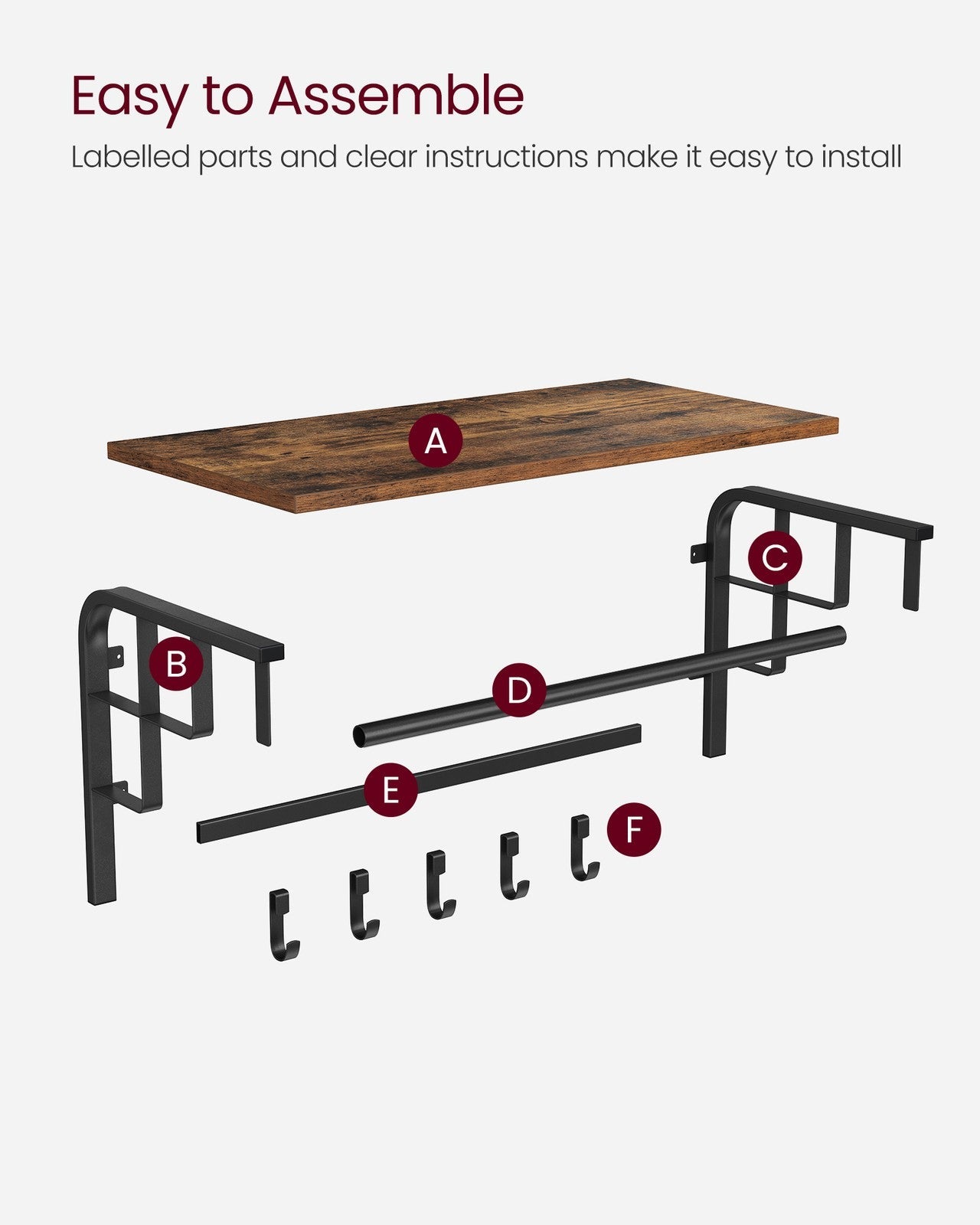 Wall Mounted Coat Rack – Metal and Wood – Vintage – With Storage Shelf and 5 Hooks