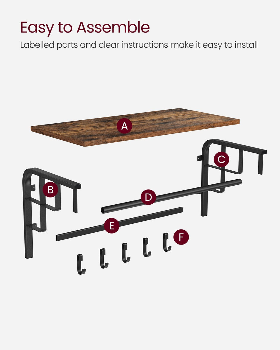 Wall Mounted Coat Rack – Metal and Wood – Vintage – With Storage Shelf and 5 Hooks
