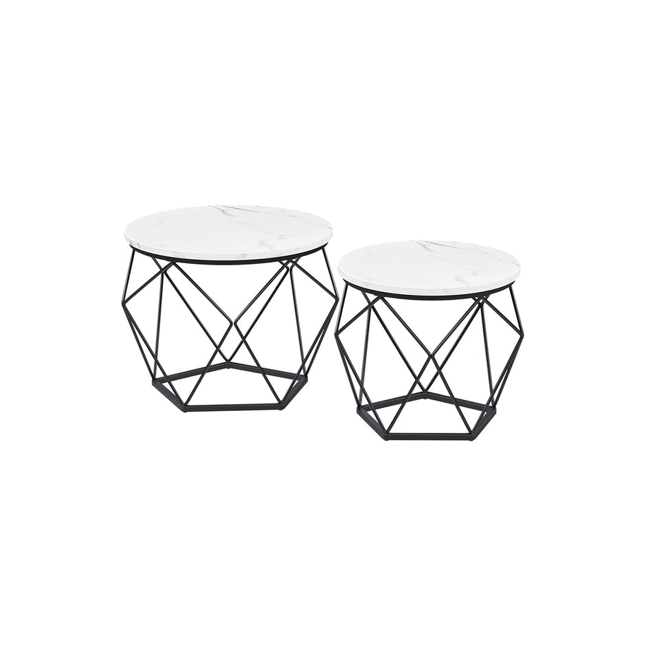 Set of 2 Round Coffee Tables – Marble – White and Ink Black – Robust Steel Frame