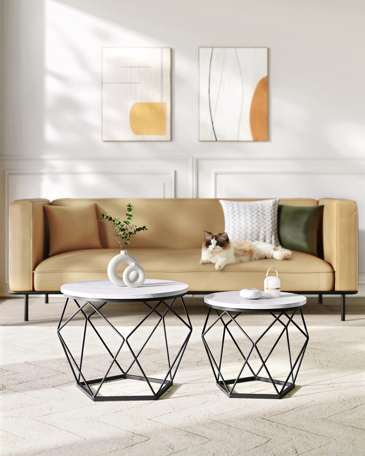 Set of 2 Round Coffee Tables – Marble – White and Ink Black – Robust Steel Frame