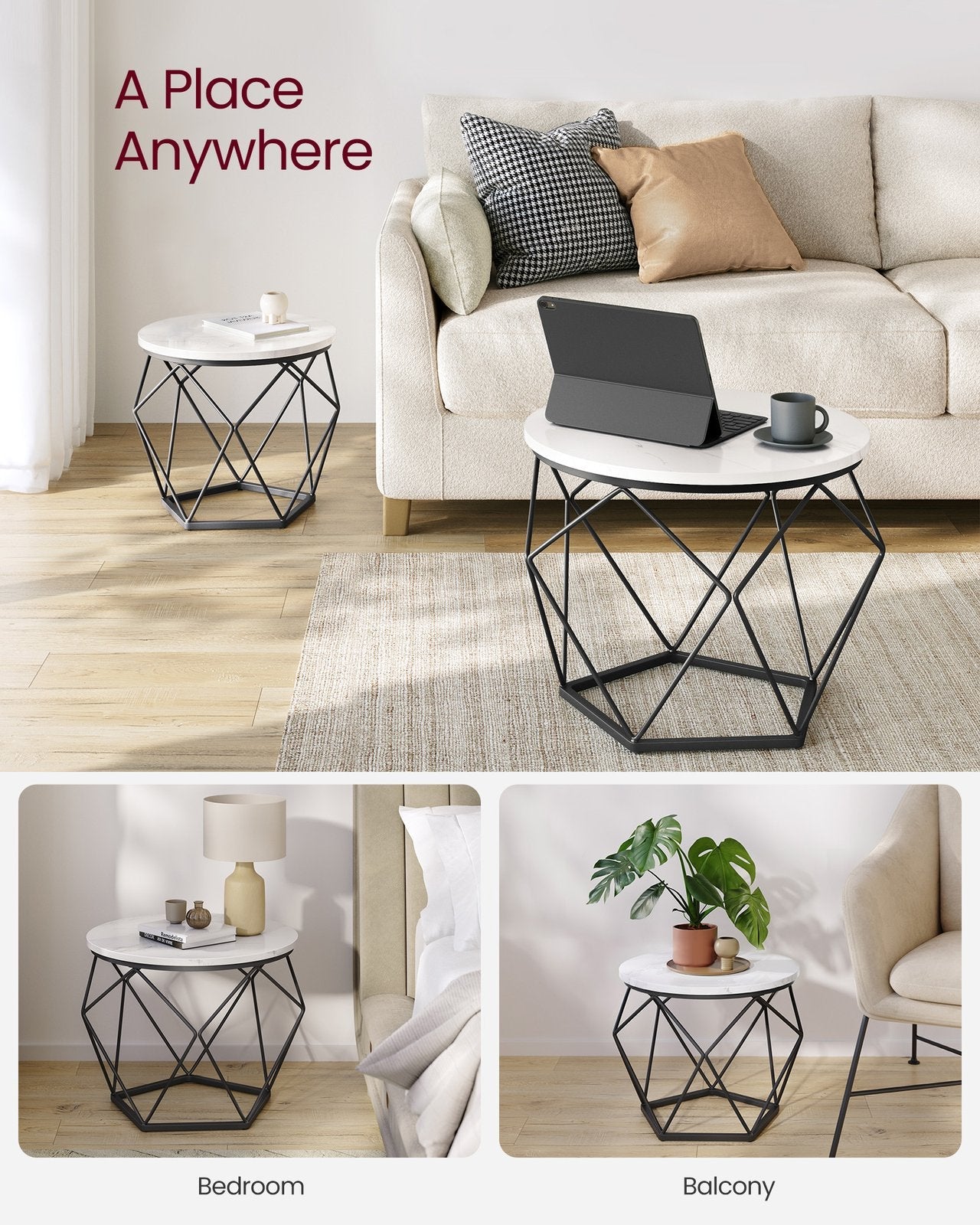 Set of 2 Round Coffee Tables – Marble – White and Ink Black – Robust Steel Frame
