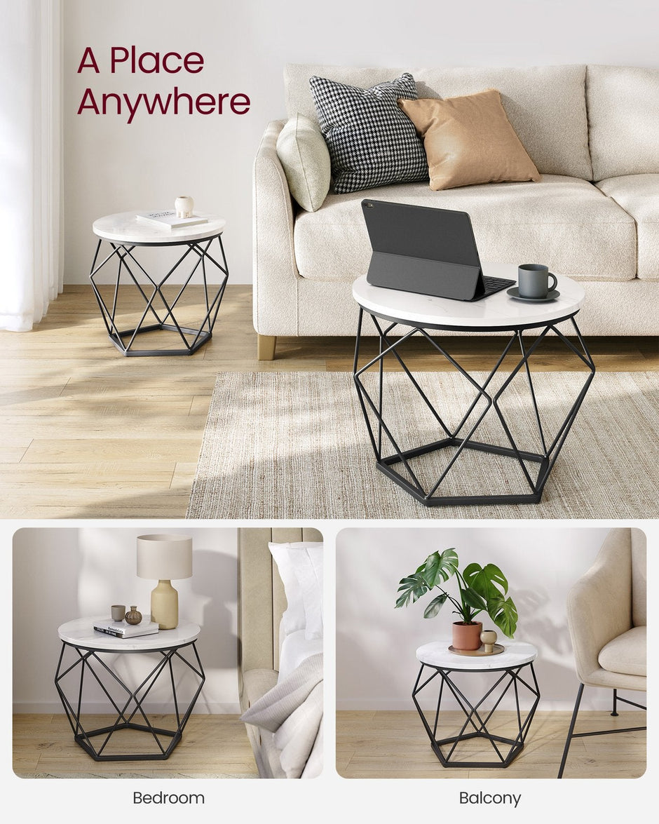 Set of 2 Round Coffee Tables – Marble – White and Ink Black – Robust Steel Frame