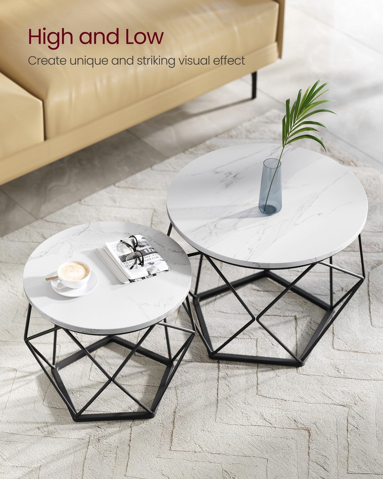 Set of 2 Round Coffee Tables – Marble – White and Ink Black – Robust Steel Frame