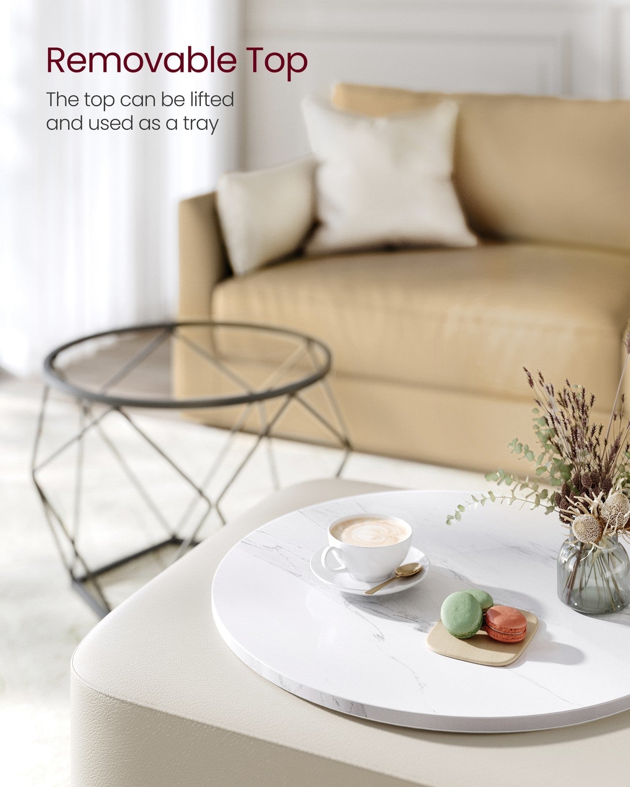 Set of 2 Round Coffee Tables – Marble – White and Ink Black – Robust Steel Frame