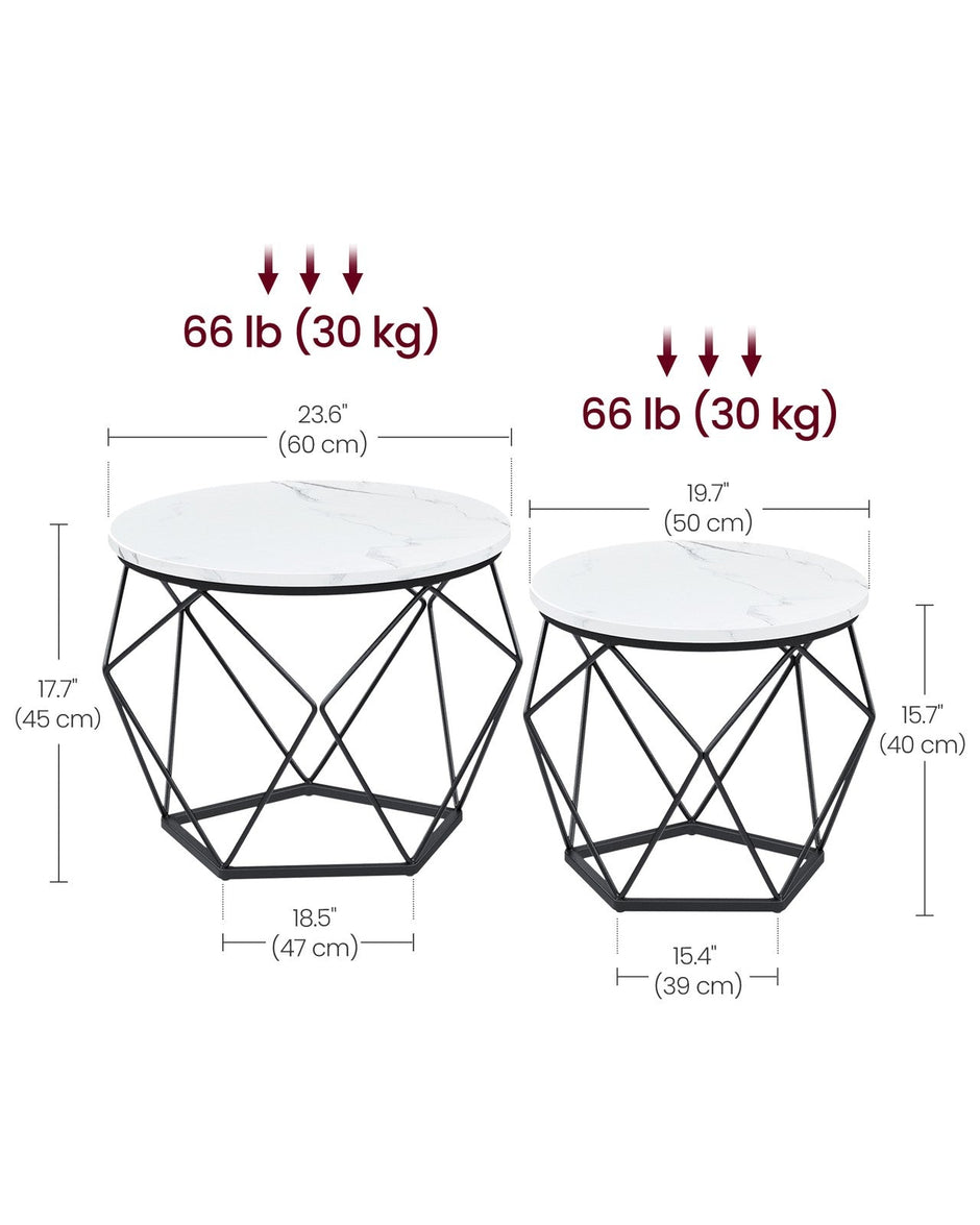 Set of 2 Round Coffee Tables – Marble – White and Ink Black – Robust Steel Frame