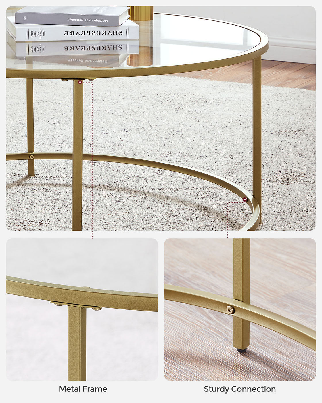 Round Coffee Table – Tempered Glass – Gold – Robust Steel Frame