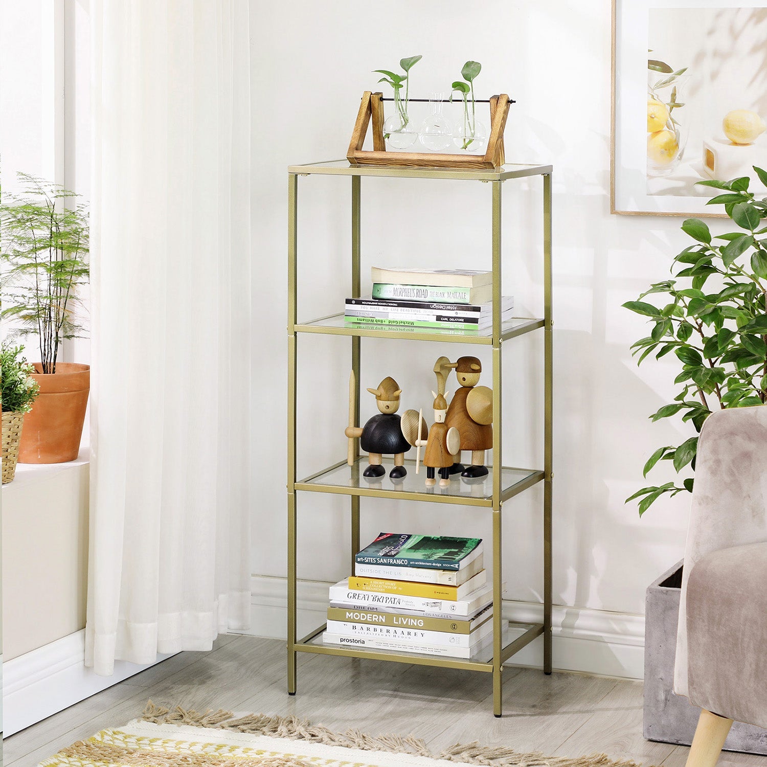 4-Tier Storage Shelf – Tempered Glass – Gold – Sturdy and Easy to Assemble
