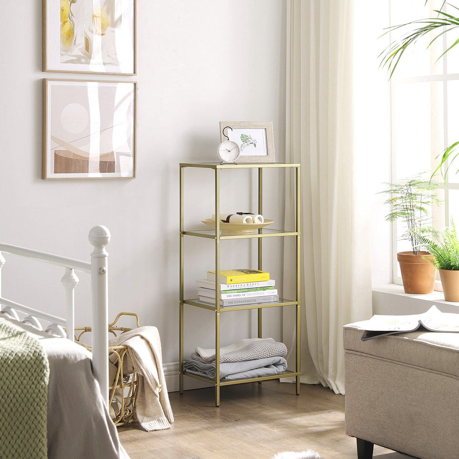 4-Tier Storage Shelf – Tempered Glass – Gold – Sturdy and Easy to Assemble