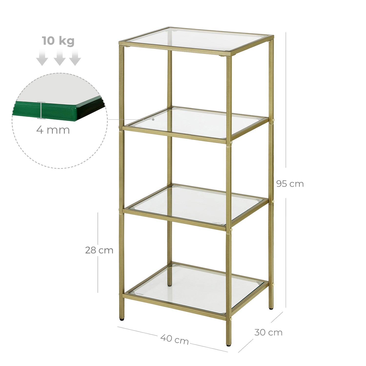 Bookcase – Tempered Glass and Steel – Gold – 4-Tier Shelf for Versatile Storage