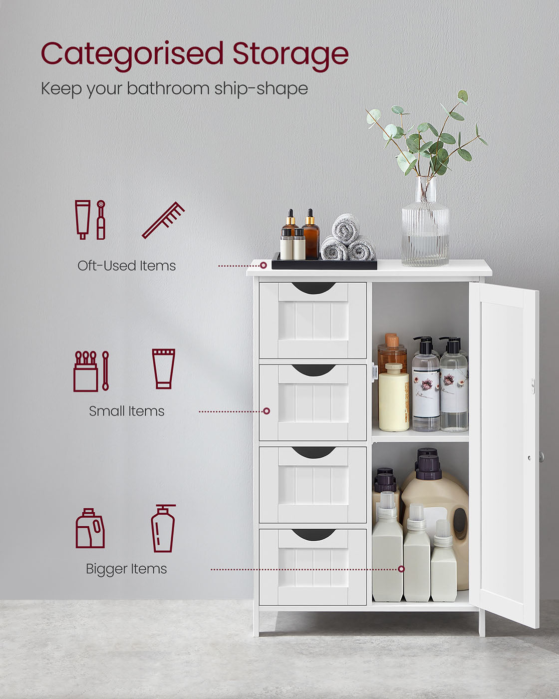 Wooden Cabinet – White – 4 Drawers and 1 Wardrobe Compartment