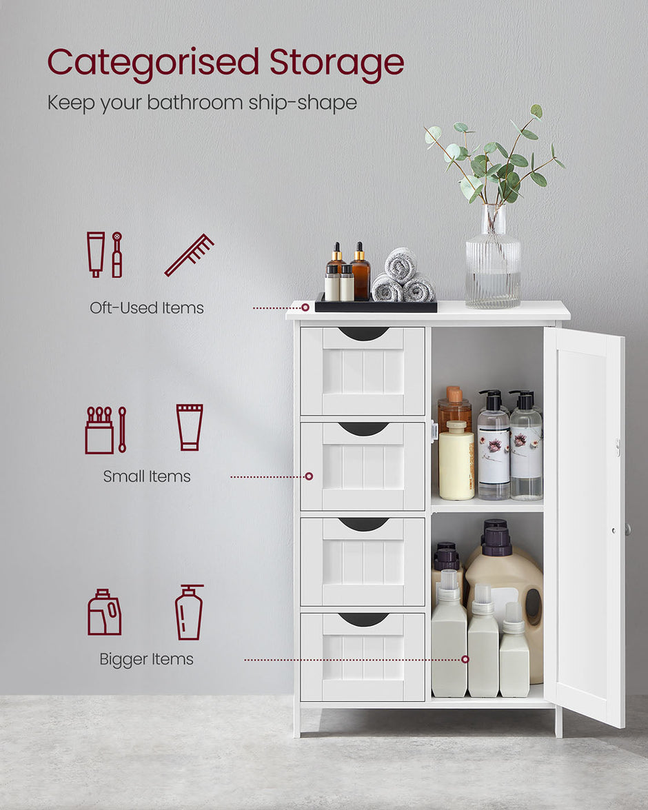 Wooden Cabinet – White – 4 Drawers and 1 Wardrobe Compartment