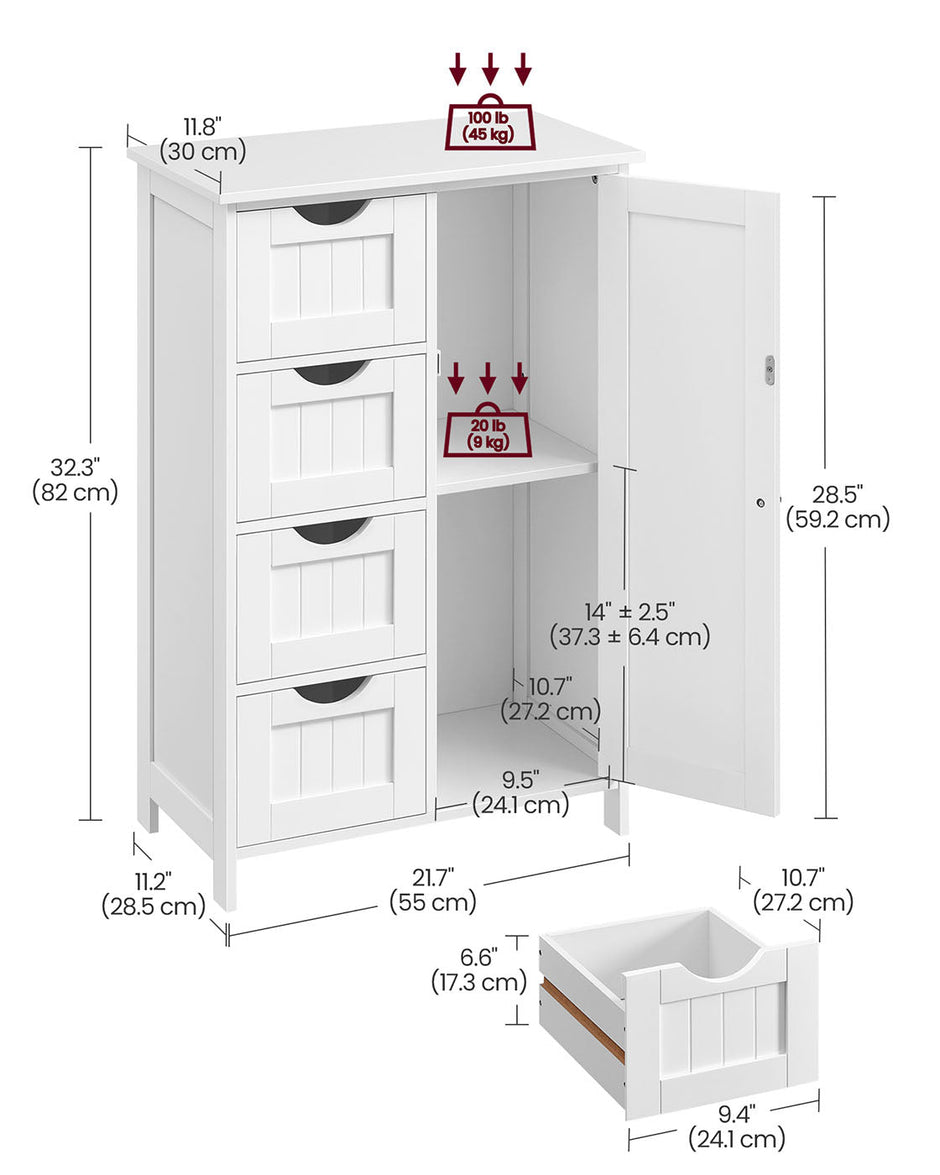 Wooden Cabinet – White – 4 Drawers and 1 Wardrobe Compartment