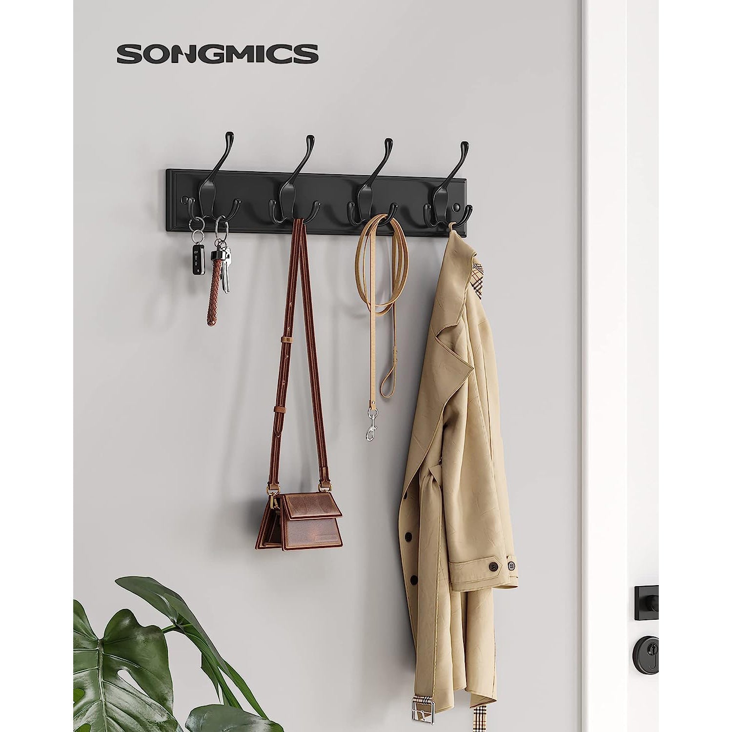 Wall-Mounted Coat Rack – Metal – Black – 4 Triple Hooks for Bags, Coats, and Keys