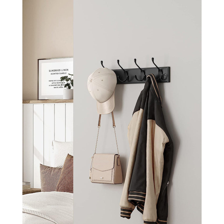 Wall-Mounted Coat Rack – Metal – Black – 4 Triple Hooks for Bags, Coats, and Keys