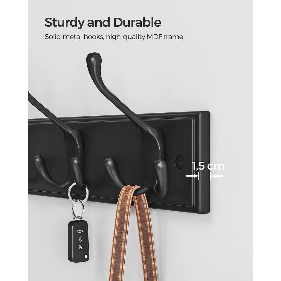 Wall-Mounted Coat Rack – Metal – Black – 4 Triple Hooks for Bags, Coats, and Keys