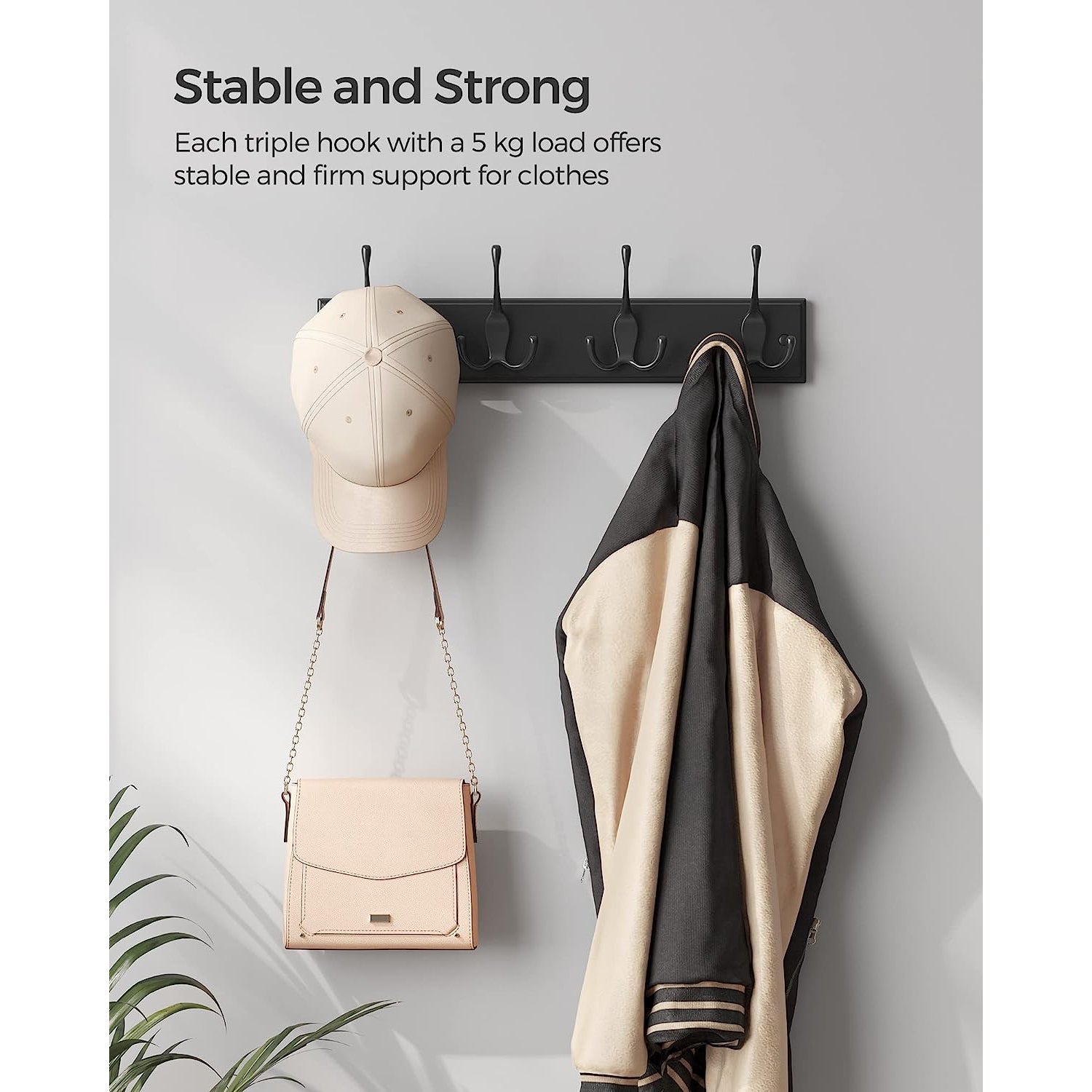Wall-Mounted Coat Rack – Metal – Black – 4 Triple Hooks for Bags, Coats, and Keys