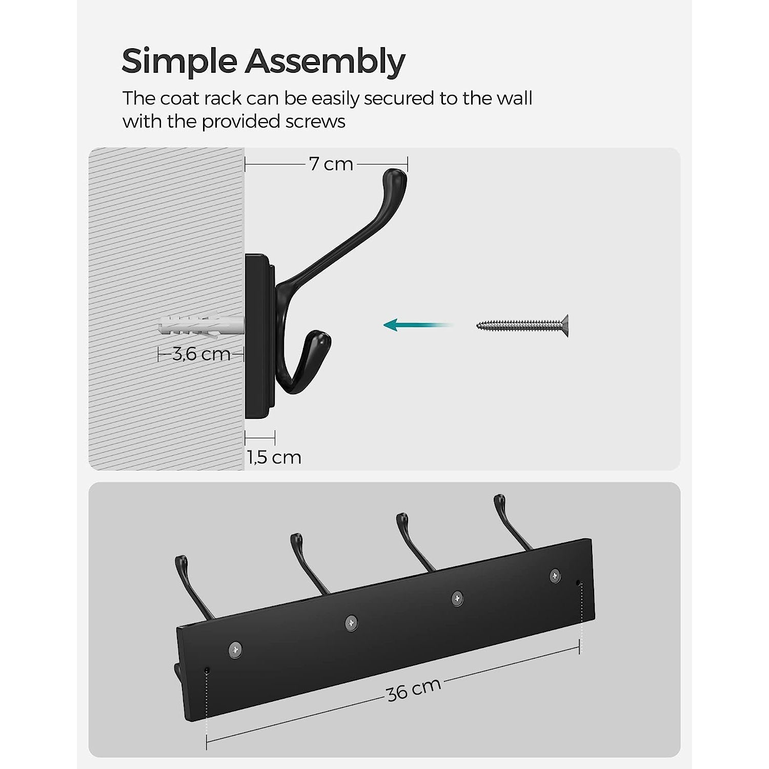 Wall-Mounted Coat Rack – Metal – Black – 4 Triple Hooks for Bags, Coats, and Keys