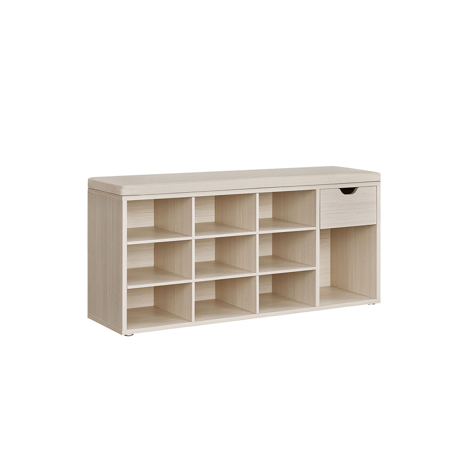 Shoe Storage Bench – Wood – White – Padded Seat with Drawer and Open Compartments