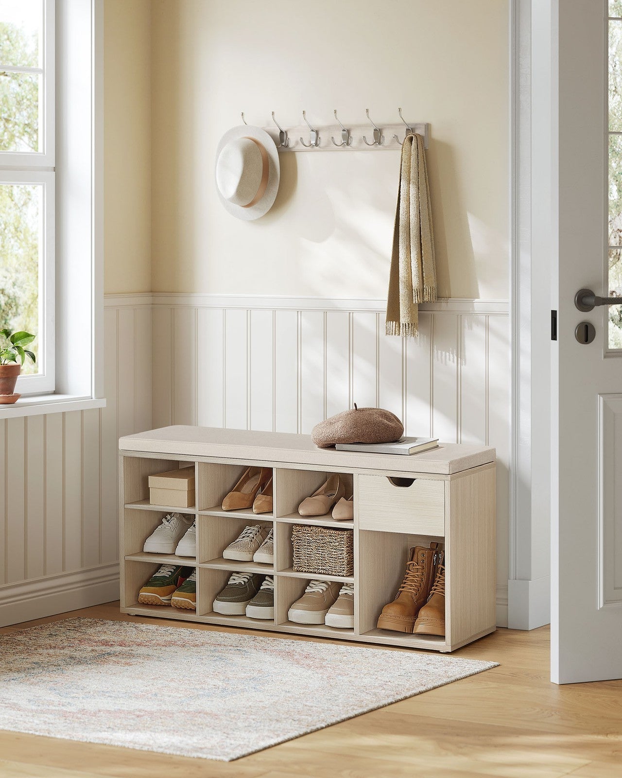 Shoe Storage Bench – Wood – White – Padded Seat with Drawer and Open Compartments