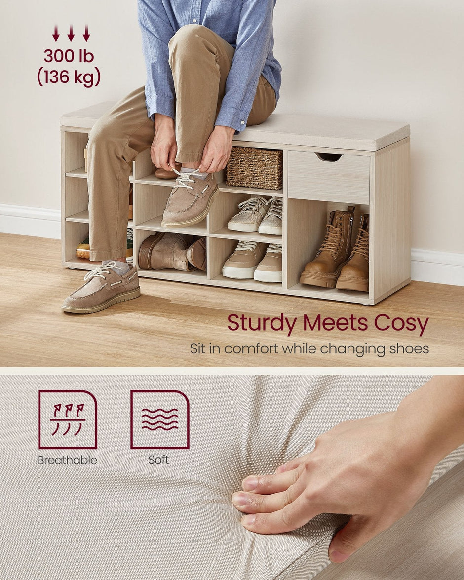Shoe Storage Bench – Wood – White – Padded Seat with Drawer and Open Compartments